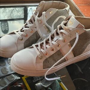 Michael Kors White and Gold Glitter High-Top Sneakers